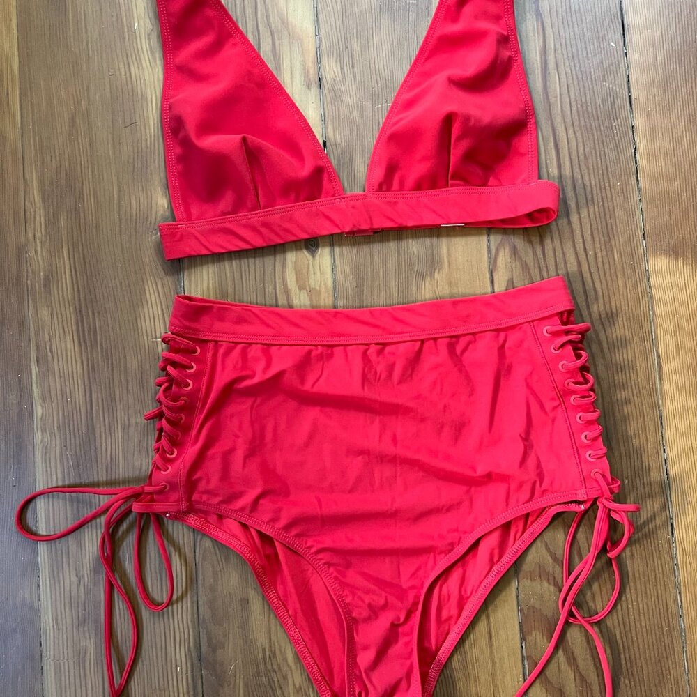 Zimmermann Red Tri Plunge Top & High Waist Bikini Set w/ Lace Up Side